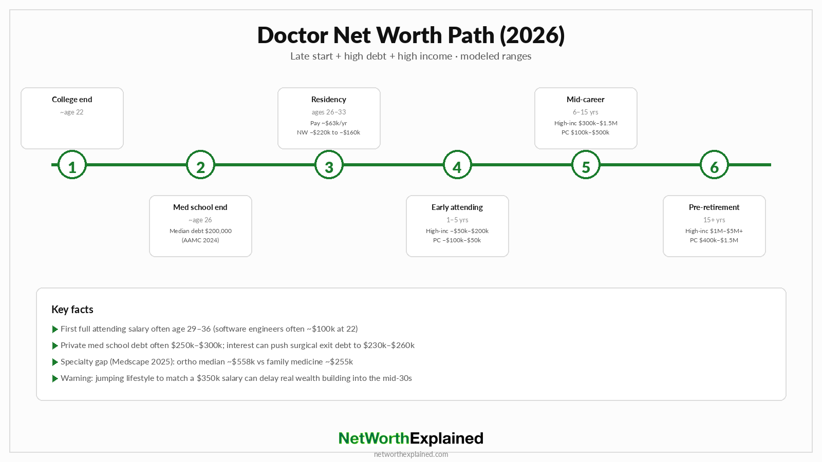 Doctor net worth path from medical school debt through pre-retirement for high-income and primary care tracks
